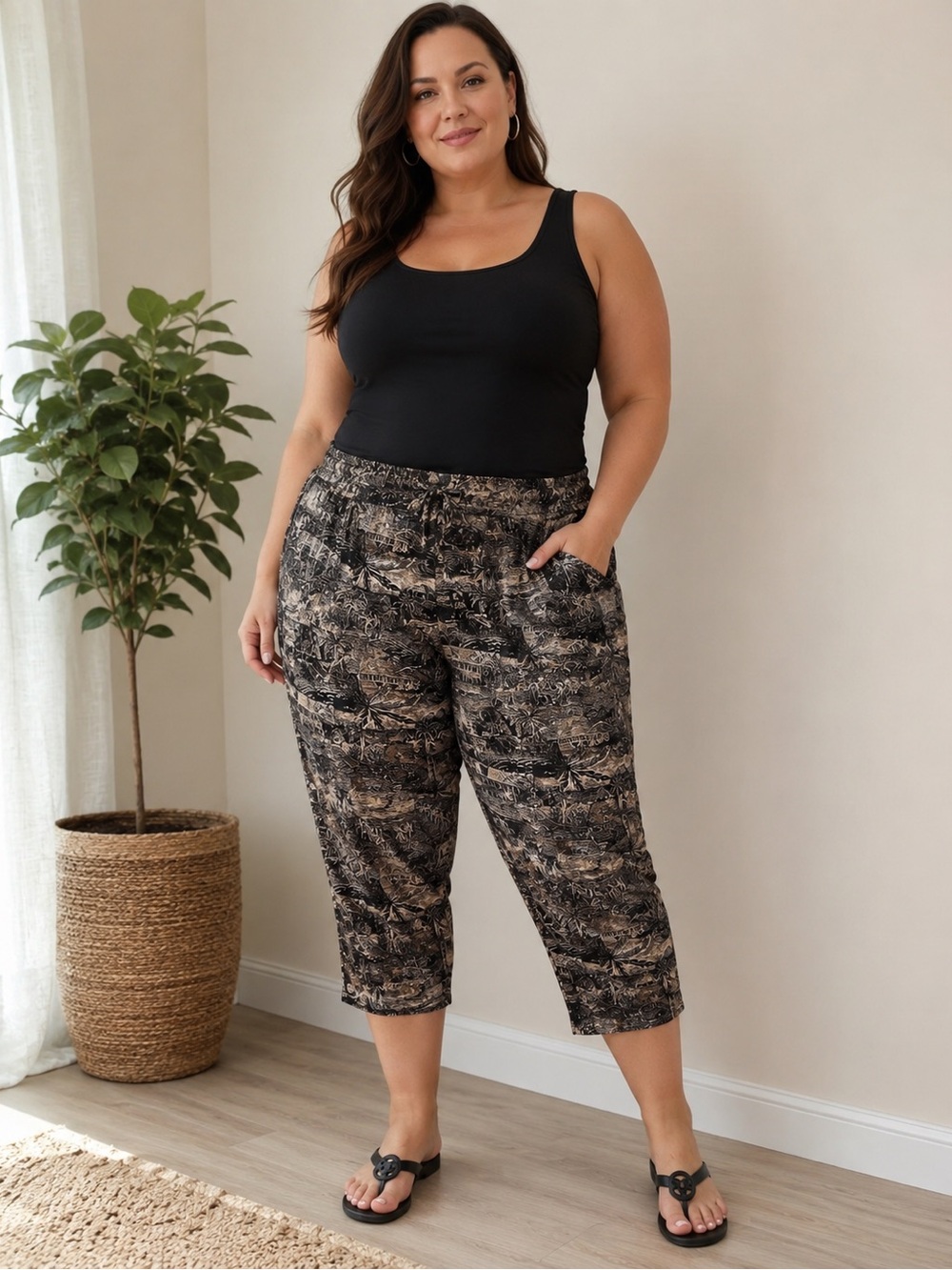 Weekend Clothes Line 2X Brown Tropical Rayon Cropped Pants High Rise Pull On